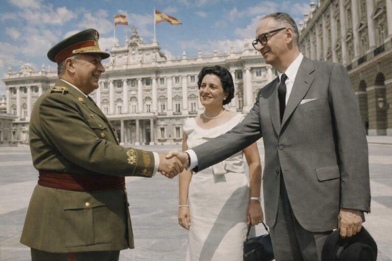 “Imagen alegórica de una recepción oficial en el Palacio de Oriente en 1960, con autoridades estrechando la mano ante la fachada del palacio.”