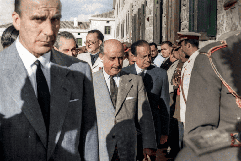Visita oficial de autoridades durante un recorrido por una localidad española a mediados del siglo XX.