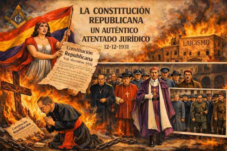 Ilustración alegórica sobre la Constitución de 1931 con figura simbólica de la República, clero y militares, y un edificio en llamas rotulado “laicismo”.