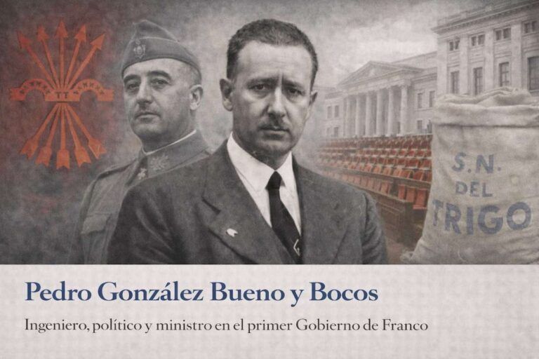 Pedro González Bueno y Bocos en imagen alegórica, con traje oscuro, junto a símbolos institucionales del primer franquismo que aluden a su labor política, sindical y económica.