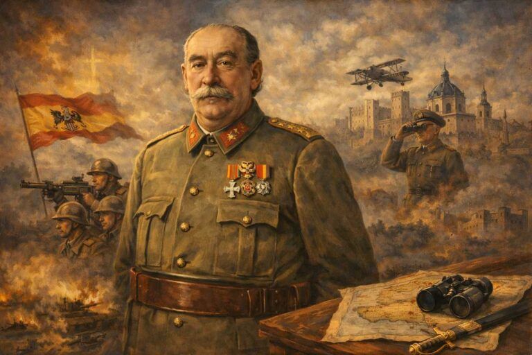 Imagen alegórica horizontal de Andrés Saliquet Zumeta: el general aparece en primer plano con uniforme militar, gesto serio y mirada firme; al fondo se insinúan banderas, mapas militares y un cielo abierto que simboliza su trayectoria castrense y su papel en la Guerra Civil española, en una composición solemne y de carácter histórico.