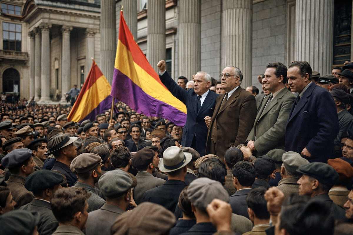 Fotografía histórica coloreada de un mitin del Frente Popular en la Segunda República, con dirigentes políticos y banderas republicanas ante una multitud en Madrid.
