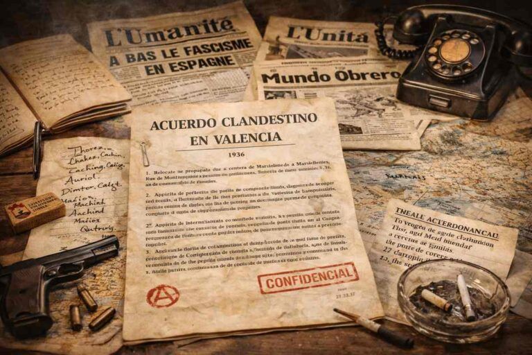 Imagen alegórica en horizontal con un documento titulado “Acuerdo clandestino en Valencia (1936)”, mapas y prensa de la época, que simbolizan una reunión secreta y coordinación revolucionaria.