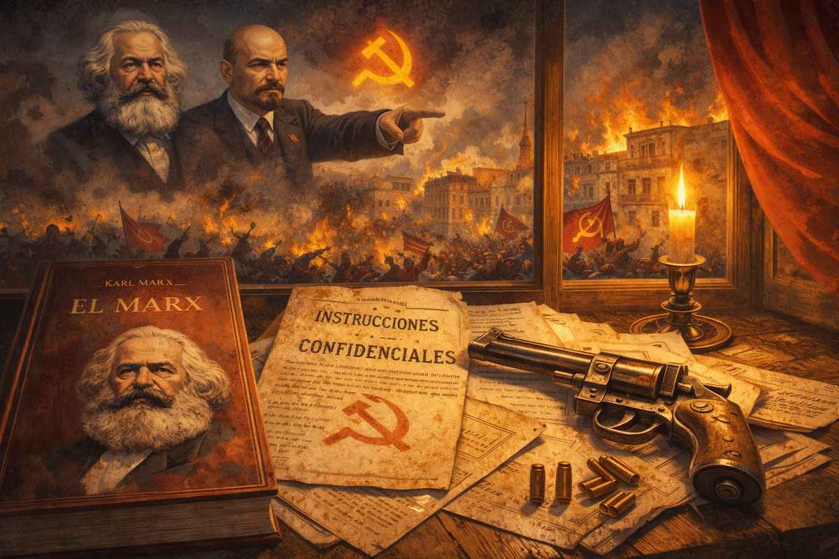 Ilustración alegórica sobre los escritos marxistas en 1936: documentos confidenciales, símbolo comunista y escenas de agitación revolucionaria en una ciudad en llamas.