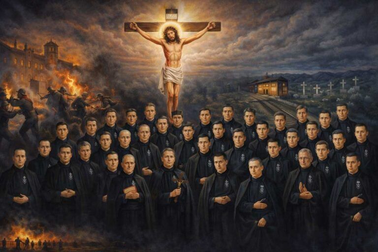 Ilustración alegórica en formato horizontal del martirio de los 26 religiosos pasionistas de Daimiel: los frailes, vestidos con hábito negro, aparecen reunidos en primer plano con gesto sereno y orante; sobre ellos, Cristo crucificado irradia luz desde el centro del cielo. Al fondo se representan escenas simbólicas de la persecución religiosa de 1936, con un convento en llamas, milicianos armados, una estación de ferrocarril y un cementerio, evocando el camino del martirio y la esperanza cristiana.