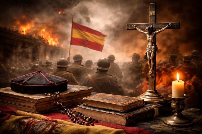 Imagen alegórica del sentido religioso de la Guerra Civil española: un crucifijo y símbolos eclesiásticos en primer plano, con soldados y la bandera de España al fondo entre humo y fuego.