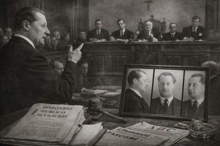 Imagen alegórica en horizontal de una escena judicial de la Segunda República, con un fiscal del Ministerio Público ante el tribunal y, en primer plano, un retrato histórico de los hermanos Primo de Rivera utilizado como símbolo del proceso.