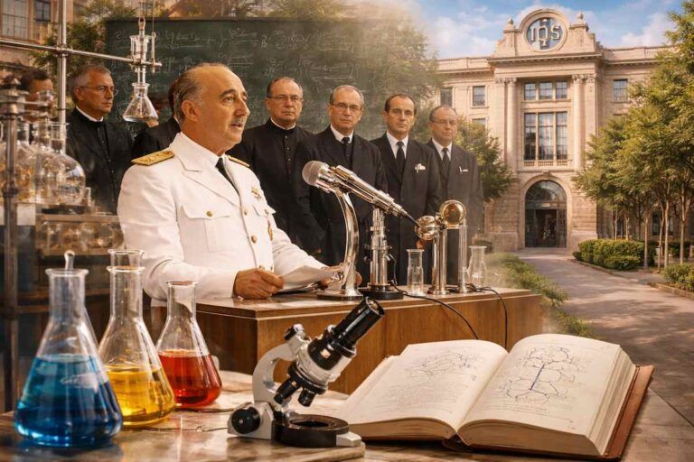 “Imagen alegórica de una visita institucional a un centro de estudios químicos en 1960, con laboratorio, material científico y un discurso ante autoridades.”