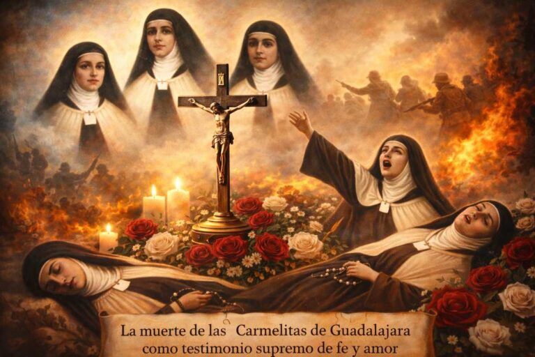 Alegoría del martirio de las carmelitas de Guadalajara: Cristo crucificado en el centro, las religiosas ofreciendo su vida con fe y perdón, y el conflicto de la Guerra Civil como fondo.