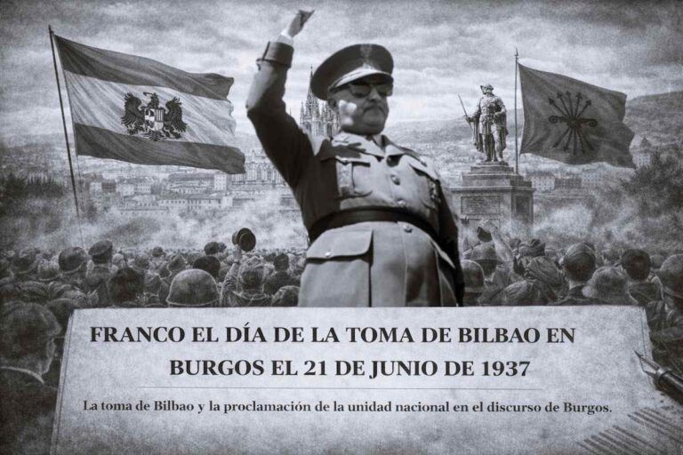 Imagen alegórica de Burgos en junio de 1937, con banderas y la catedral al fondo, en el contexto de la toma de Bilbao durante la Guerra Civil española.