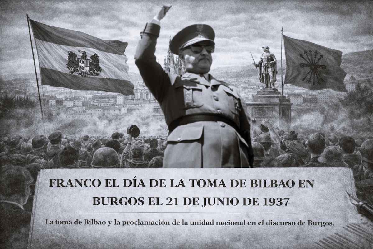 Imagen alegórica de Burgos en junio de 1937, con banderas y la catedral al fondo, en el contexto de la toma de Bilbao durante la Guerra Civil española.