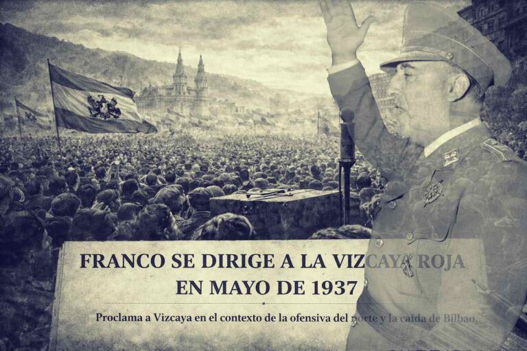Imagen alegórica horizontal de una multitud en Vizcaya durante mayo de 1937, con banderas y un micrófono vacío en primer plano, en el contexto de la ofensiva del norte durante la Guerra Civil española.