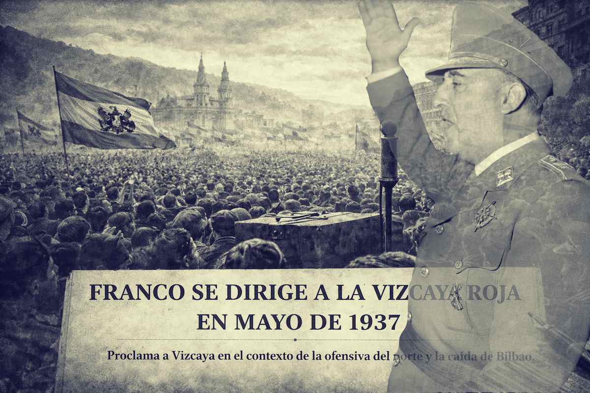 Imagen alegórica horizontal de una multitud en Vizcaya durante mayo de 1937, con banderas y un micrófono vacío en primer plano, en el contexto de la ofensiva del norte durante la Guerra Civil española.