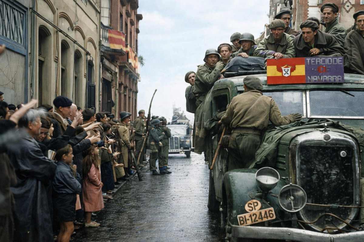 Fotografía histórica coloreada de una calle estrecha durante la Guerra Civil española: un camión militar verde avanza entre edificios antiguos mientras soldados uniformados viajan subidos al vehículo. A ambos lados de la calle, hombres, mujeres y niños observan y saludan. El suelo está mojado y el cielo nublado, creando una atmósfera solemne. En el frontal del camión se ve una bandera española y una matrícula antigua.
