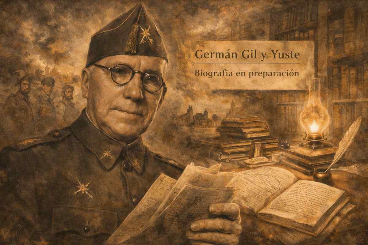 Imagen alegórica de Germán Gil y Yuste: retrato de estilo histórico que lo muestra con uniforme militar y gafas redondas, sosteniendo documentos, con escenas simbólicas de archivo, libros y figuras militares al fondo, evocando una biografía en proceso de investigación y contextualización histórica.