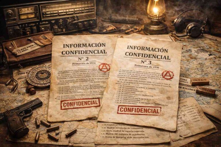 Imagen alegórica en horizontal con los documentos “Información Confidencial Nº 2” y “Nº 3” de 1936 sobre un plan insurreccional, junto a mapas, cifrados y objetos de época.