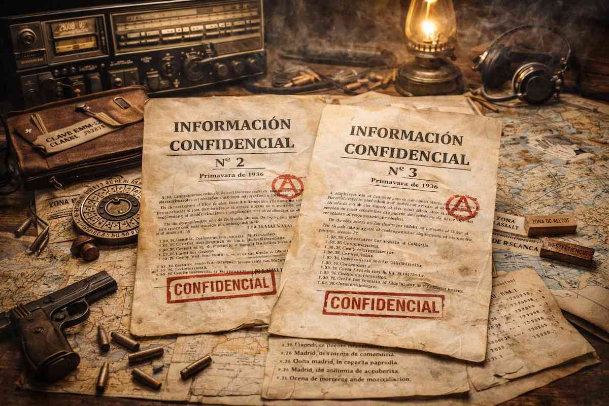 Imagen alegórica en horizontal con los documentos “Información Confidencial Nº 2” y “Nº 3” de 1936 sobre un plan insurreccional, junto a mapas, cifrados y objetos de época.