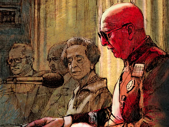 Ilustración artística de estilo boceto en tonos rojizos y sepia que muestra a un hombre con uniforme hablando frente a un micrófono, acompañado por varias personas sentadas a su lado, en lo que parece un acto público o discurso oficial.
