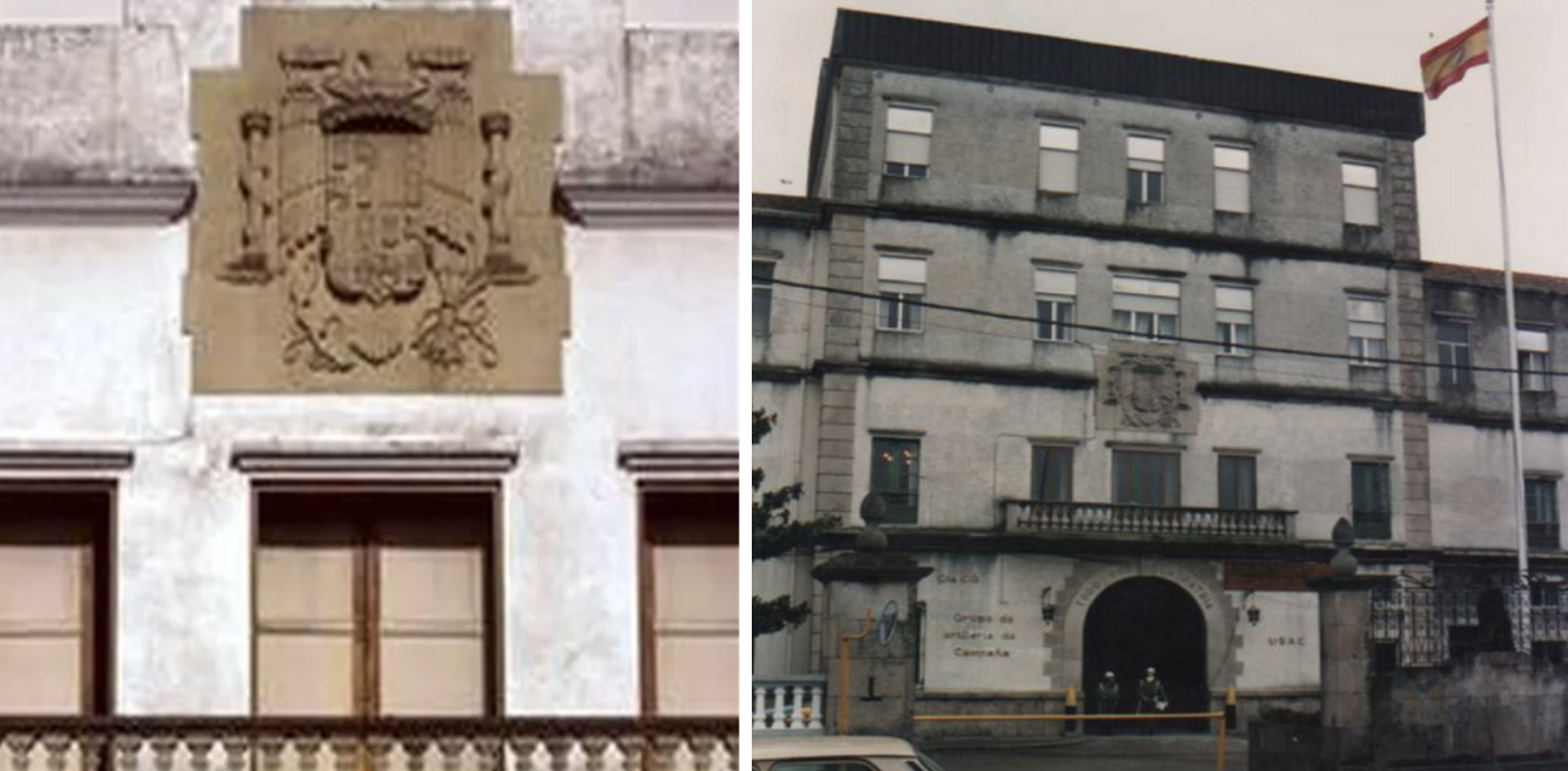 Escudo de España en el Cuartel de Campolongo. Traslado a la Escuela de Canteros de Poyo, donde permanece a la intemperie. 2003