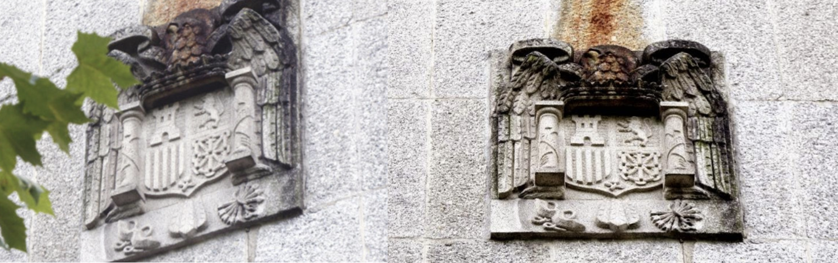 Escudo de España, de la calle Michelena, en el centro de la ciudad. Atacado a martillazos aprovechando el andamiaje de una obra cercana.
