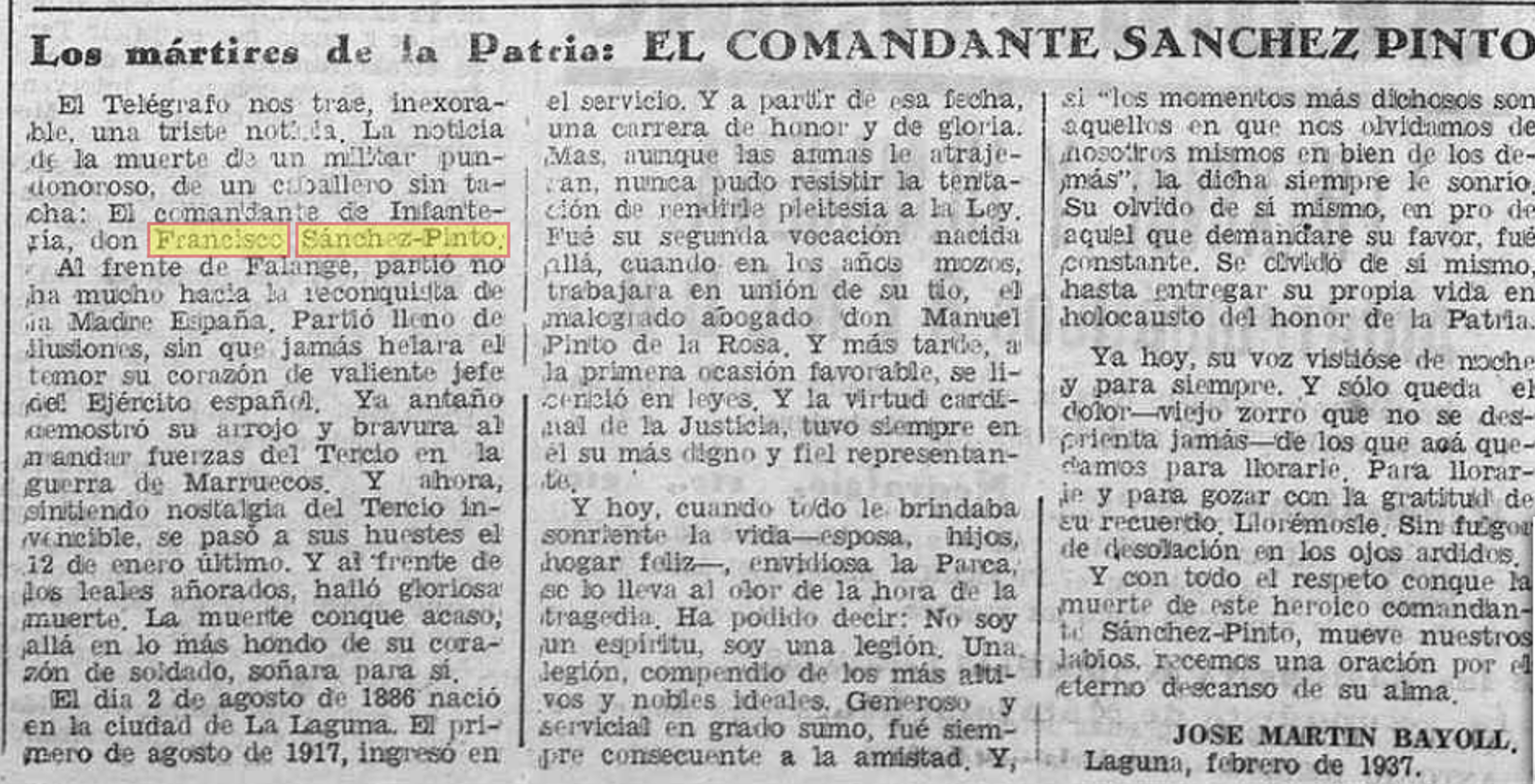 Artículo en la prensa canaria sobre la muerte de Sánchez Pinto / Prensa Histórica