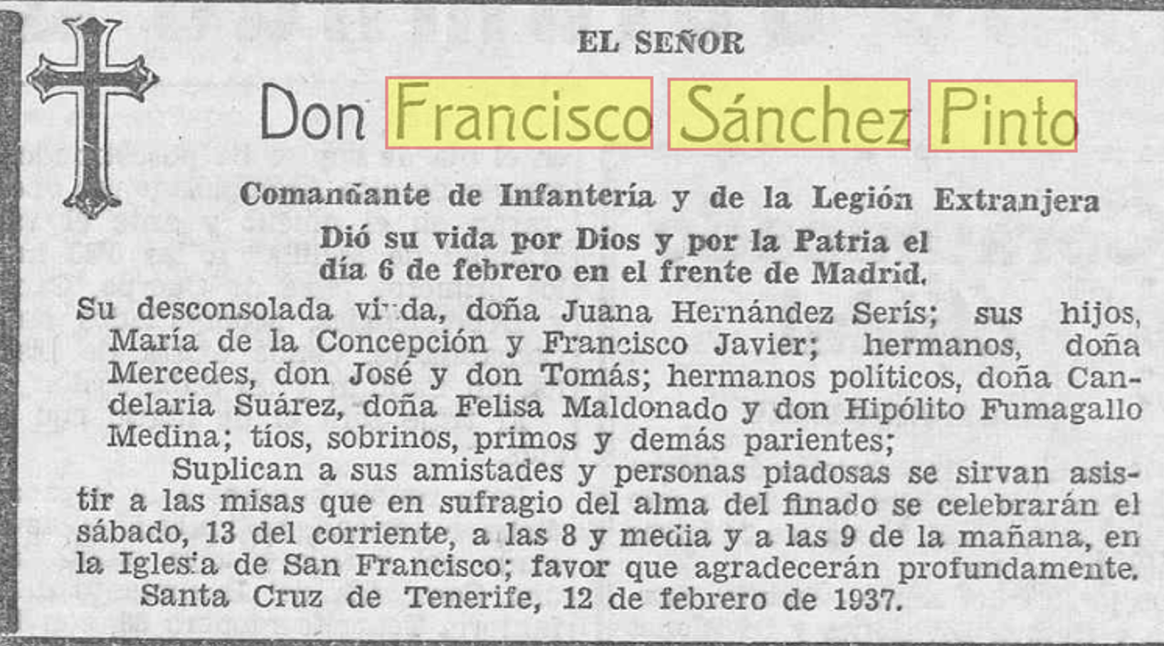 Esquela de Sánchez Pinto publicada en la prensa canaria / Prensa Histórica