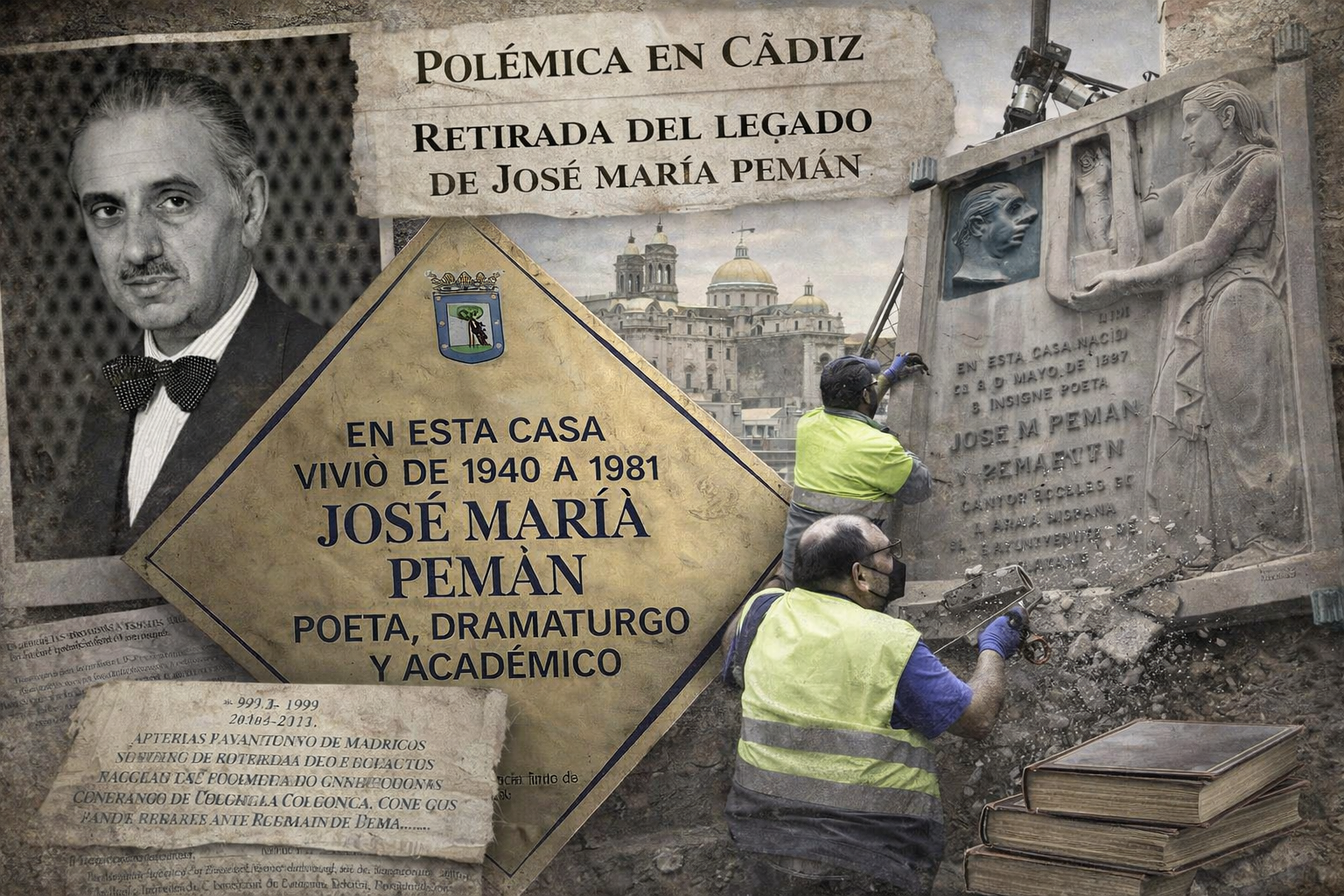 Imagen alegórica en formato horizontal sobre la retirada del legado de José María Pemán en Cádiz, con su retrato en blanco y negro, placas conmemorativas superpuestas y operarios desmontando una de ellas, con la ciudad al fondo y elementos de prensa que reflejan la polémica.