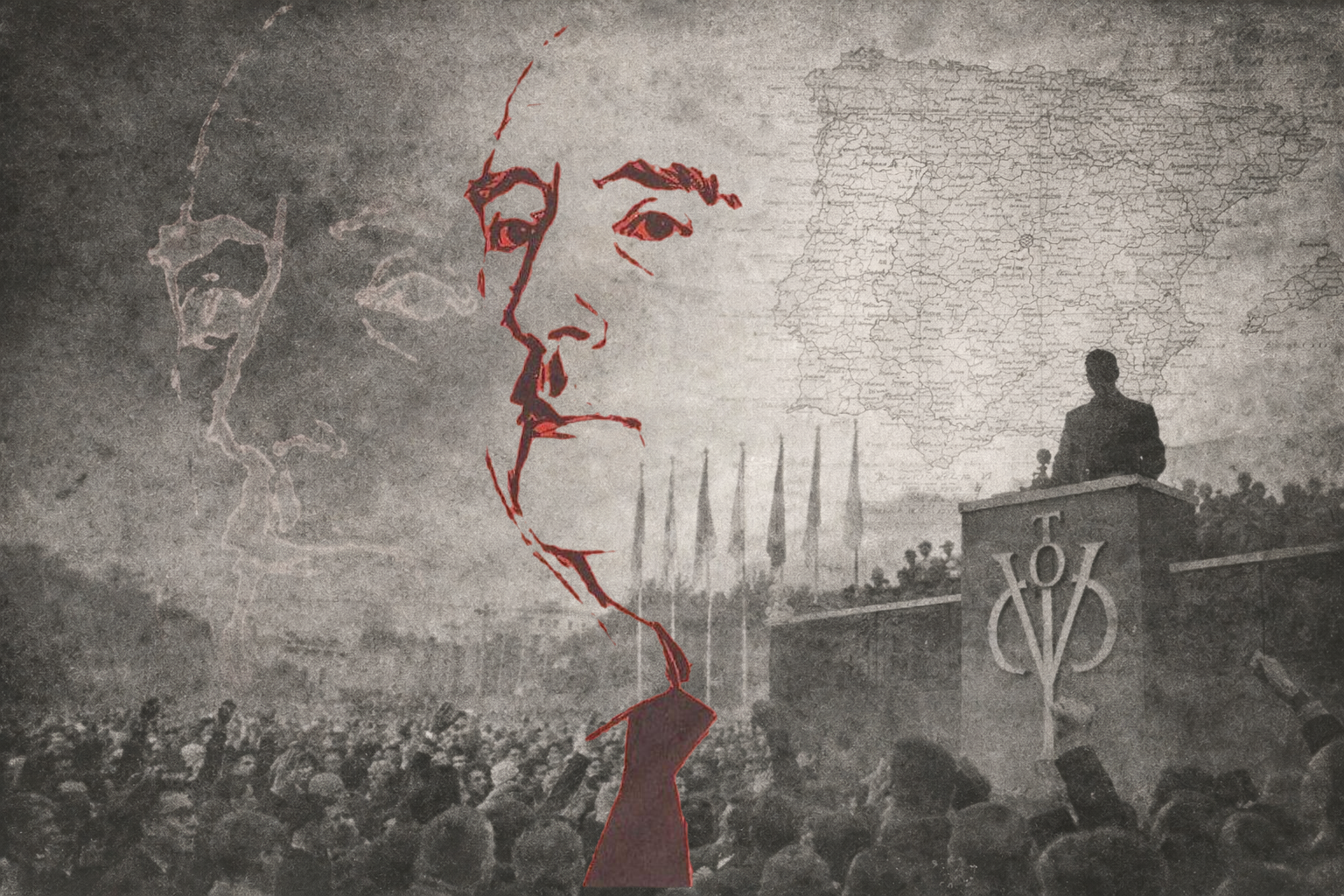 Imagen alegórica en blanco y negro de estilo histórico-documental: una multitud difusa observada desde abajo, una tribuna vacía al fondo y un mapa antiguo superpuesto, con una silueta abstracta y fragmentada integrada en la composición, evocando un ambiente político y social de época sin figuras identificables.