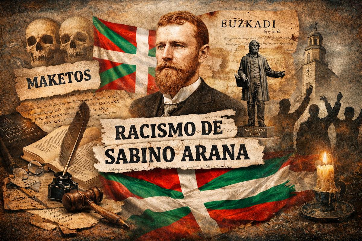Montaje alegórico sobre el racismo en los escritos de Sabino Arana, con su retrato, la ikurriña, textos históricos y símbolos que representan el origen del nacionalismo vasco y el debate sobre sus ideas.