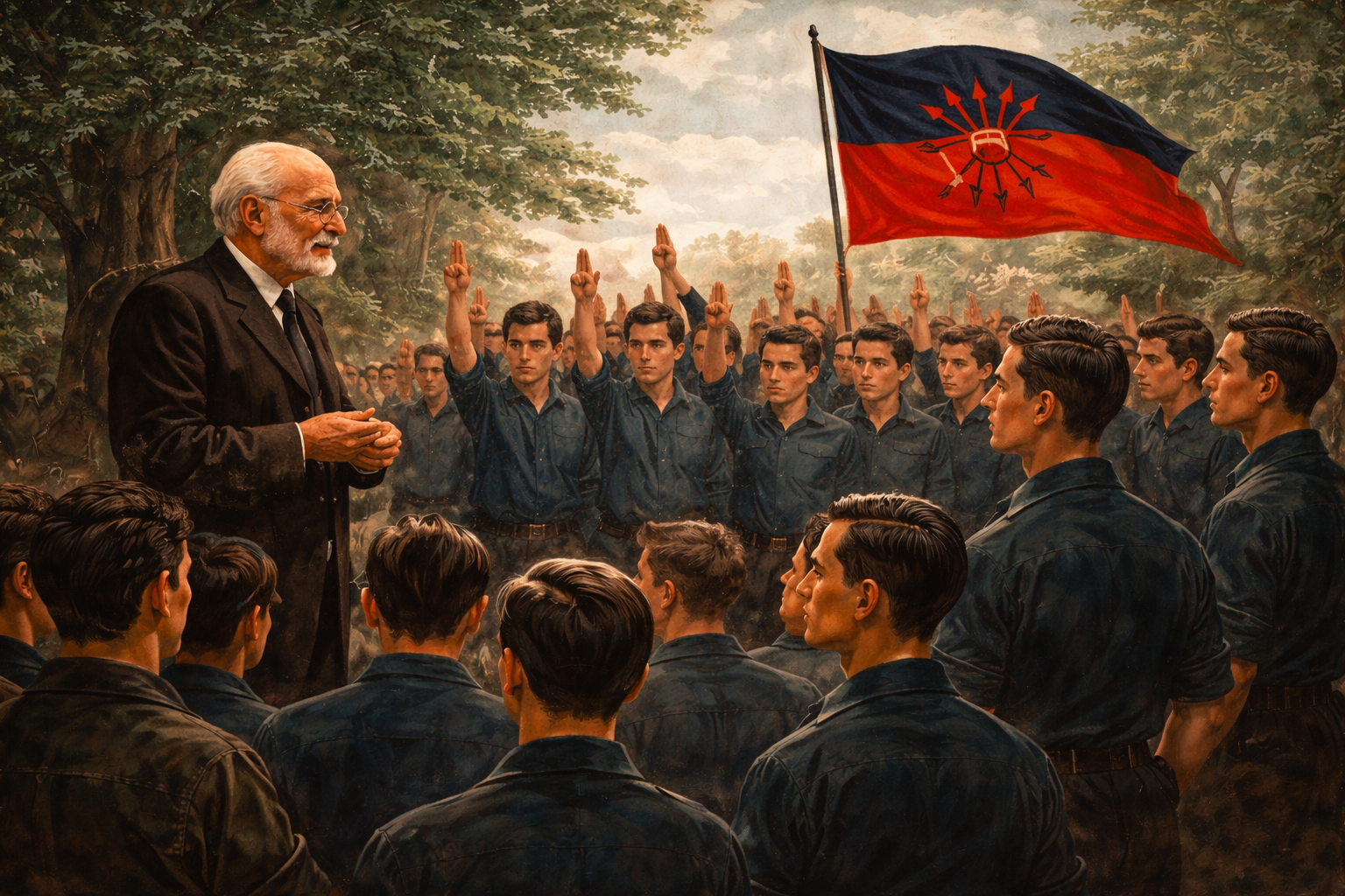 Miguel de Unamuno hablando ante un grupo de jóvenes estudiantes falangistas en un acto político universitario en los años treinta.