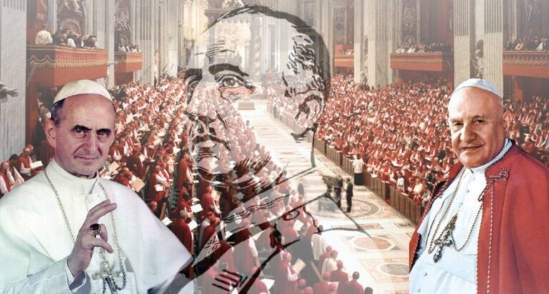 Imagen del Concilio Vaticano II en el interior de la Basílica de San Pedro con numerosos obispos reunidos, acompañada por retratos de Pablo VI y Juan XXIII en primer plano.