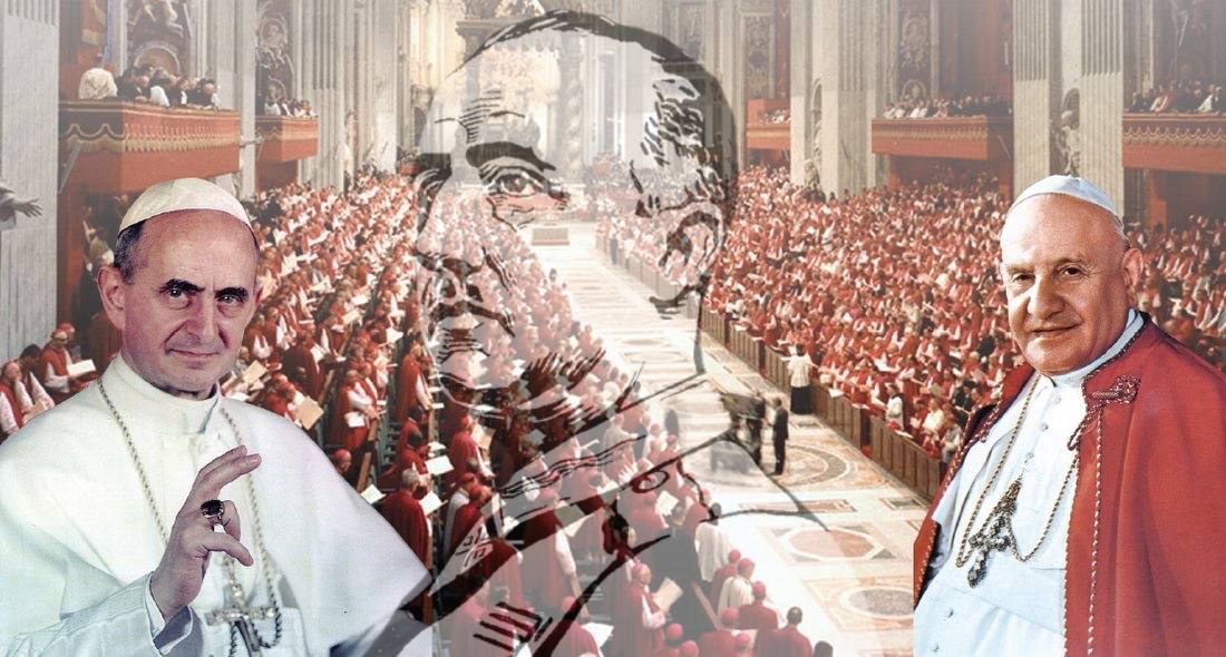 Imagen del Concilio Vaticano II en el interior de la Basílica de San Pedro con numerosos obispos reunidos, acompañada por retratos de Pablo VI y Juan XXIII en primer plano.