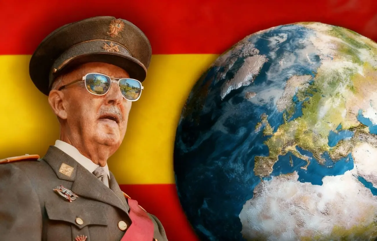 Franco con uniforme militar y gafas de sol frente a la bandera de España, junto a un globo terráqueo que simboliza la política internacional y la influencia geopolítica.