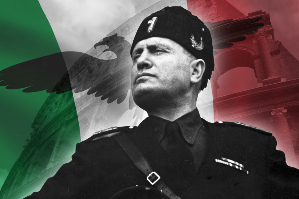 Retrato propagandístico de un líder italiano uniformado en primer plano, con la bandera tricolor de Italia al fondo y elementos arquitectónicos clásicos, acompañado por la silueta de un águila, evocando poder, nacionalismo y simbolismo histórico.