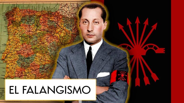 Imagen ilustrativa sobre el falangismo con un retrato de un hombre vestido con traje y brazalete rojo, acompañado de un mapa de España al fondo y el símbolo del yugo y las flechas en rojo sobre fondo negro, junto al texto “El falangismo”.