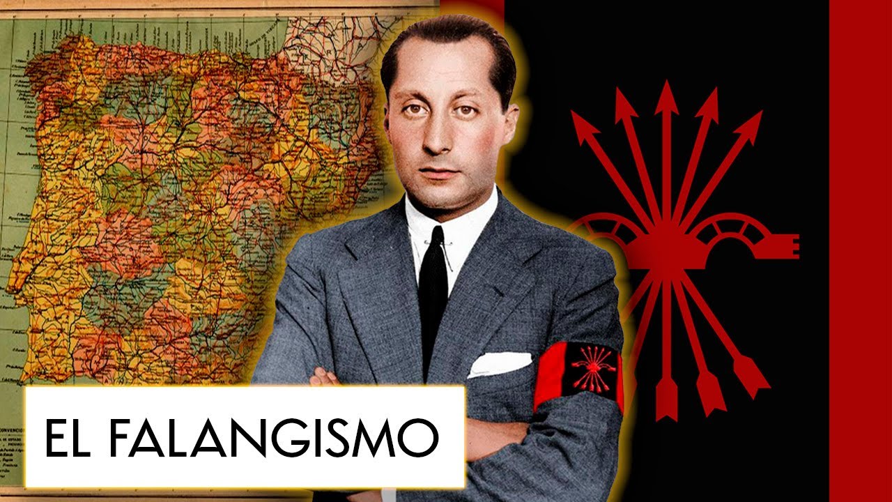 Imagen ilustrativa sobre el falangismo con un retrato de un hombre vestido con traje y brazalete rojo, acompañado de un mapa de España al fondo y el símbolo del yugo y las flechas en rojo sobre fondo negro, junto al texto “El falangismo”.