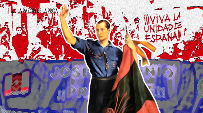 Imagen alegórica en tonos rojo y azul con estética propagandística: figura masculina en el centro levantando el brazo y sosteniendo una bandera, sobre un fondo de multitudes y grafismos donde aparece el lema “¡Viva la unidad de España!”, con composición artística de alto contraste y estilo pictórico.