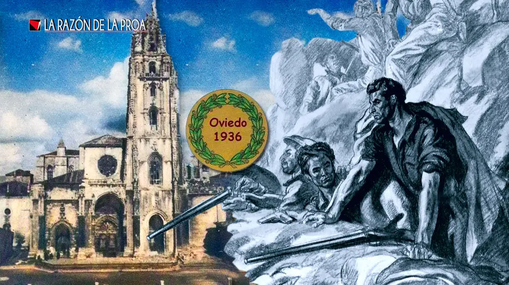 Ilustración histórica de Oviedo en 1936 con la catedral al fondo y soldados defendiendo la ciudad durante la Guerra Civil Española, junto a un emblema con la inscripción “Oviedo 1936”.