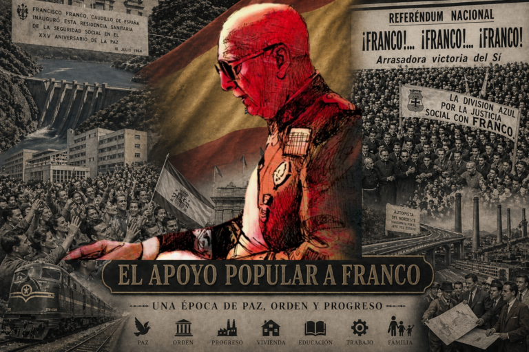 Montaje alegórico en estilo vintage que muestra multitudes, infraestructuras y símbolos de la España del siglo XX, con una gran bandera nacional al centro y escenas de desarrollo industrial, transporte y actos públicos, representando el apoyo popular y el progreso sin presencia de Franco.