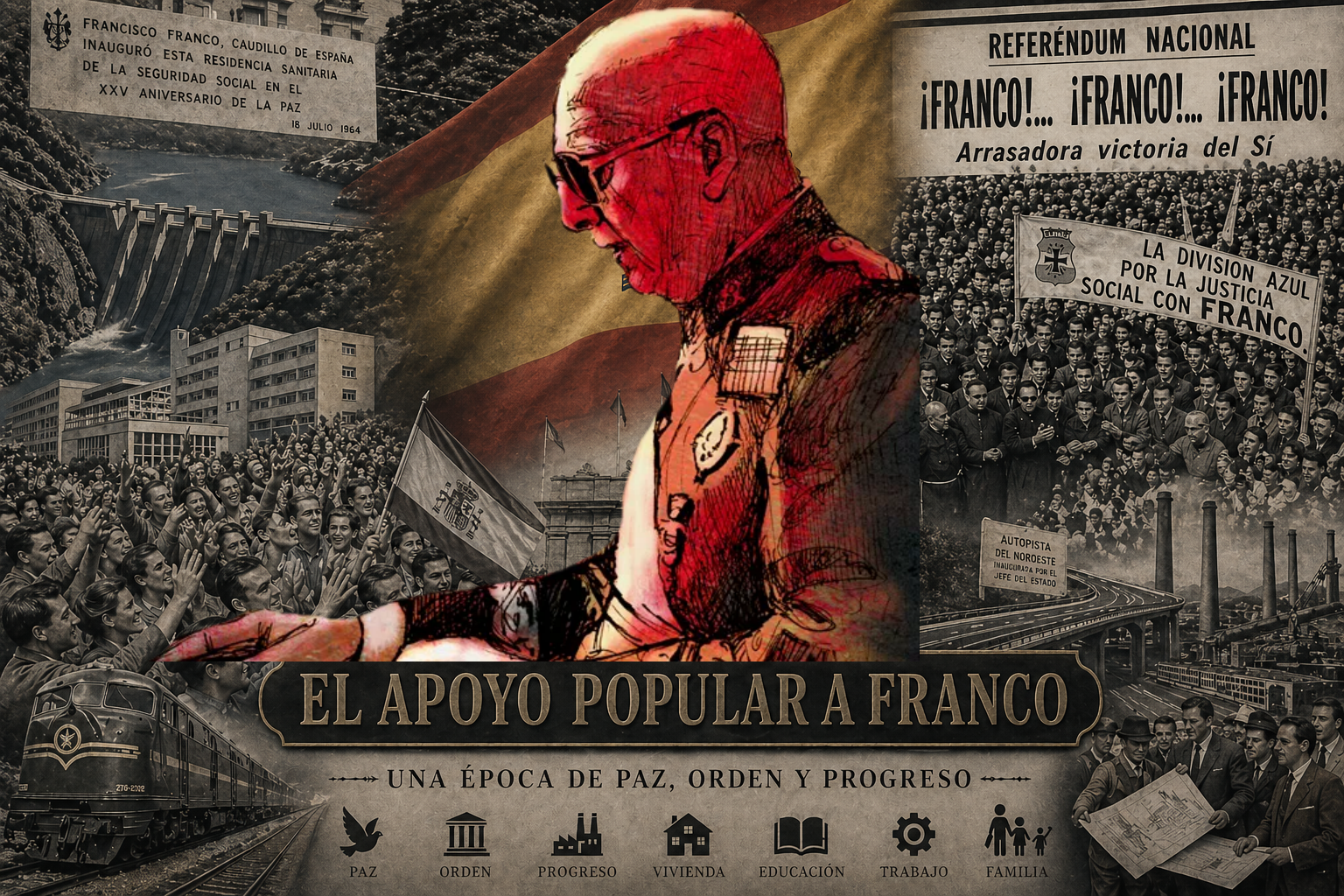 Montaje alegórico en estilo vintage que muestra multitudes, infraestructuras y símbolos de la España del siglo XX, con una gran bandera nacional al centro y escenas de desarrollo industrial, transporte y actos públicos, representando el apoyo popular y el progreso sin presencia de Franco.
