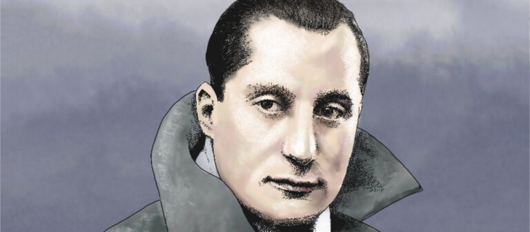 Retrato ilustrado de José Antonio Primo de Rivera con expresión seria, vestido con abrigo oscuro y fondo difuminado en tonos grises.