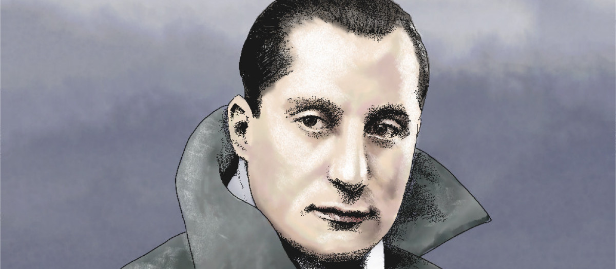 Retrato ilustrado de José Antonio Primo de Rivera con expresión seria, vestido con abrigo oscuro y fondo difuminado en tonos grises.
