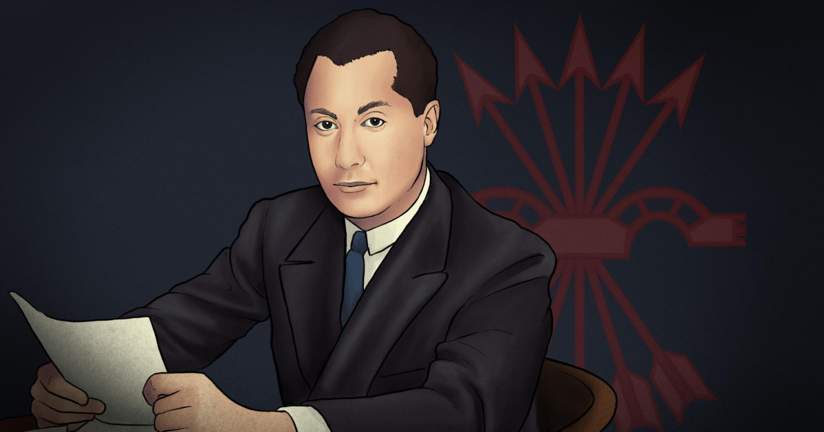 Ilustración de José Antonio Primo de Rivera sentado y leyendo un documento, con traje oscuro y corbata, sobre un fondo con el símbolo del yugo y las flechas en color rojo.