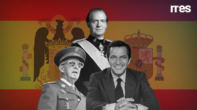 Transición política en España tras la muerte de Franco: escena alegórica que simboliza el paso del régimen franquista a la democracia, con referencias institucionales, líderes políticos y elementos representativos del cambio hacia la Constitución de 1978.
