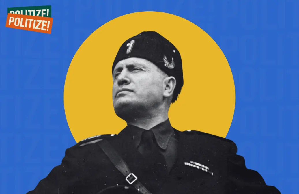 Retrato en blanco y negro de un hombre con uniforme y gorro militar, mirando hacia el horizonte, sobre un fondo azul con un círculo amarillo detrás de su cabeza; en la esquina superior izquierda aparece el texto “POLITIZE!”.