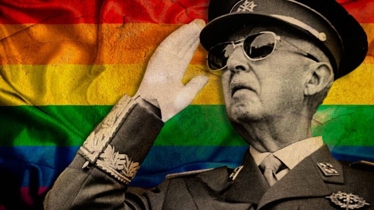 Fotomontaje de Francisco Franco saludando con uniforme militar sobre bandera arcoíris LGTBI, representación del debate sobre homosexualidad en el franquismo