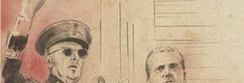Ilustración histórica de Francisco Franco saludando con la mano en alto junto al entonces Príncipe Juan Carlos, en una escena de estilo vintage con tonos sepia y rojizos, evocando un acto institucional del final del franquismo.