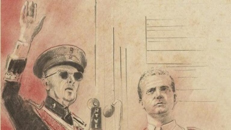 Ilustración histórica de Francisco Franco saludando con la mano en alto junto al entonces Príncipe Juan Carlos, en una escena de estilo vintage con tonos sepia y rojizos, evocando un acto institucional del final del franquismo.