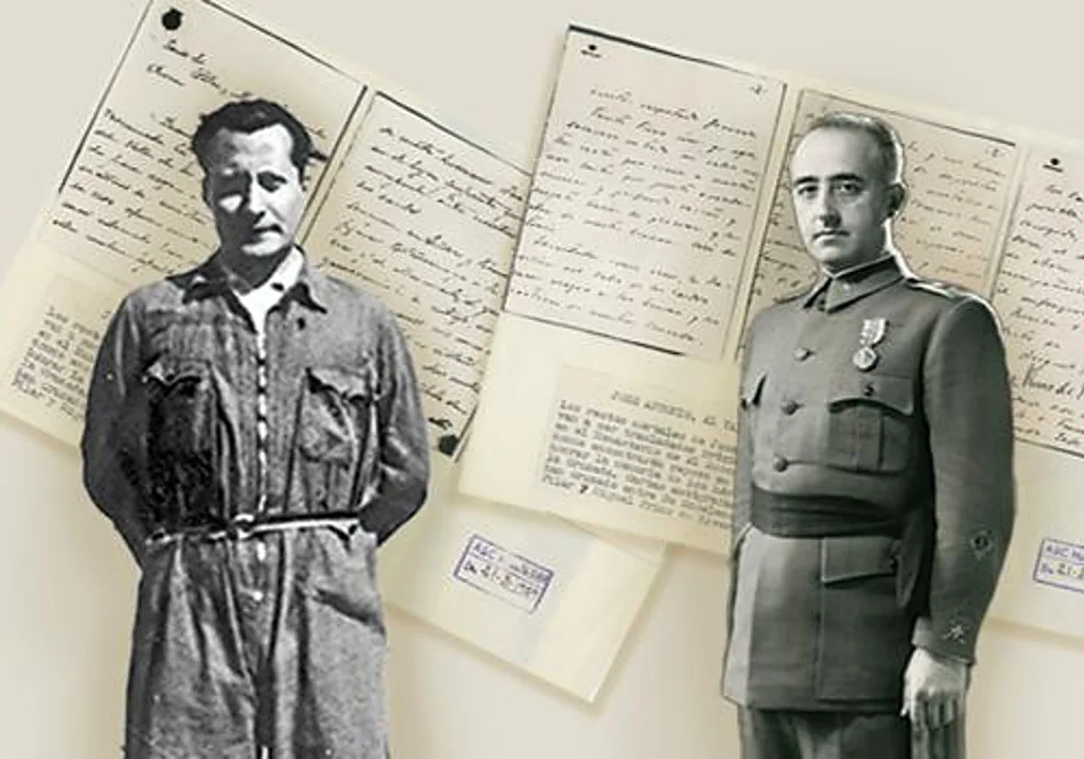 Montaje histórico con imágenes de José Antonio Primo de Rivera en prisión y Francisco Franco uniformado, sobre fondo de documentos manuscritos de 1936.