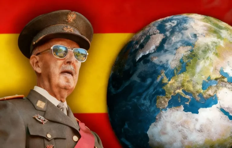 Imagen alegórica donde aparece un retrato de Francisco Franco con uniforme militar frente a una bandera de España, junto a un globo terráqueo centrado en Europa, simbolizando la política internacional española durante el franquismo.